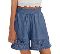 Générique Women's Elastic High Waist Lace Hollow Out Cotton Shorts, Yoga Lounge Casual Ruffled Eyelet Hem Comfy Stretch Shorts (Blue,S)