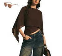Générique Women's Elegant Chiffon Cape Sleeve Top,Sheer Mesh Asymmetrical Batwing Sleeve Shirts,Trendy Summer Dressy Blouse Shawl