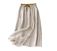 Générique Women's Embroidery Cotton Linen Skirts with Pockets Casual Elastic High Waist A-Line Split Long Boho Skirts (White,TG)