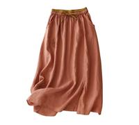Générique Women's Embroidery Cotton Linen Skirts with Pockets Casual Elastic High Waist A-Line Split Long Boho Skirts (Pink,M)