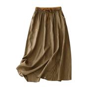 Générique Women's Embroidery Cotton Linen Skirts with Pockets Casual Elastic High Waist A-Line Split Long Boho Skirts (Khaki,M)