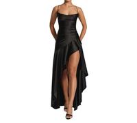 Générique Women's Evening Dresses Long Satin - Tie Gowns with Slit & Ruffles | A-Line Mermaid Cocktail Dress | Spaghetti Straps Prom Gown (Black,M)