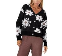 Générique Women's Fall Cute Floral Cardigan Sweater Button Down V-Neck Fuzzy Jacquard Knit Cardigan TopCashmere Sweater Fall Outfits (1PCS/D,TTG)