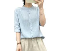 Générique Women's Fashionable Casual Oversized Double-Layer Cotton Yarn Stand Collar Shirt with Mid-Length Sleeves in Colour Top Bleu XL