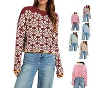 Générique Womens Floral Cropped Sweater Roll Neck Long Sleeve Pullover Tops | Women Floral Pattern Cropped Rolled Neck Sweater,Going Out Tops,for Travel Street Casual Wear