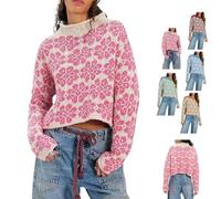 Générique Womens Floral Cropped Sweater Roll Neck Long Sleeve Pullover Tops | Women Floral Pattern Cropped Rolled Neck Sweater,Going Out Tops,for Travel Street Casual Wear