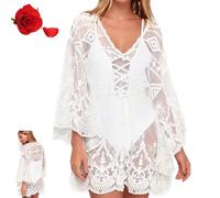 Générique Women's Floral Embroidered Semi-Sheer Cover Up, Lightweight Beach Cover Up for Swimwear, Lace Trim, Light and Breathable (White, One Size)