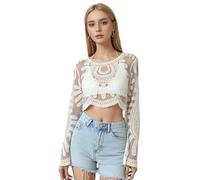 Générique Women's Floral Embroidered Semi-Sheer Cover Up, Long-Sleeved Round Neck Lace Sun Protection Duster Mesh Design Lace (Apricot)