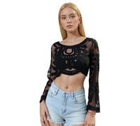 Générique Women's Floral Embroidered Semi-Sheer Cover Up, Long-Sleeved Round Neck Lace Sun Protection Duster Mesh Design Lace (Black)