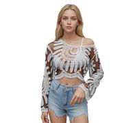 Générique Women's Floral Embroidered Semi-Sheer Cover Up, Long-Sleeved Round Neck Lace Sun Protection Duster Mesh Design Lace (White)