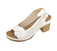 Générique Women's Floral Perforated Block Heel Sandals, Open Toe Slingback Floral Fish Mouth Design Heeled Sandal, Low Heel Comfort (White,38)
