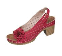 Générique Women's Floral Perforated Block Heel Sandals, Open Toe Slingback Floral Fish Mouth Design Heeled Sandal, Low Heel Comfort (Red,37)