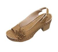 Générique Women's Floral Perforated Block Heel Sandals, Open Toe Slingback Floral Fish Mouth Design Heeled Sandal, Low Heel Comfort (Brown,42)