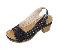 Générique Women's Floral Perforated Block Heel Sandals, Open Toe Slingback Floral Fish Mouth Design Heeled Sandal, Low Heel Comfort (Black,36)