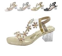 Générique Women's Flower Rhinestone Block Heel Sandals, 2025 Elastic Ankle Strap Chunky Square Toe High Heel Party Sandals (Gold,40)