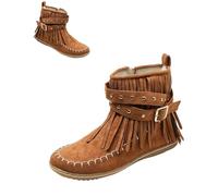 Générique Women's Fringe Ankle Boots Faux Suede Wide Width Round Toe Flats, Mid Calf Tassel Retro Dressy Dress Shoes,Wide Width Round Toe Flats Faux Suede Winter Boots (Brown,40)