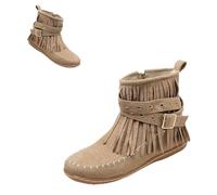 Générique Women's Fringe Ankle Boots Faux Suede Wide Width Round Toe Flats, Mid Calf Tassel Retro Dressy Dress Shoes,Wide Width Round Toe Flats Faux Suede Winter Boots (Beige,41)
