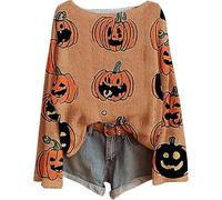 Générique Women's Halloween Pumpkin Print Knit Top, Spooky Pumpkin Face Sweater 2025, Long Sleeve Knit Pullover Tops (Color-I,M)