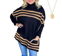 Générique Women's High Neck Bat Sleeve Striped Sweater, Batwing Sleeve Casual Loose Knit Turtleneck Tops (Black,M)