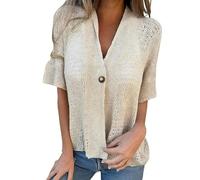 Générique Women's Hollow Crochet Knit Cardigan Top Arrangenal Short Sleeves Hollow V-Neck Single Button Loose Short Sleeves (4,TG)