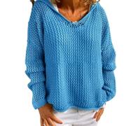 Générique Women's Hollow Out Crochet Sweater Long Sleeve See Through V Neck Drop Shoulder Knit Pullover Tops (Blue,TG)