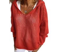Générique Women's Hollow Out Crochet Sweater Long Sleeve See Through V Neck Drop Shoulder Knit Pullover Tops (Red,Grand)