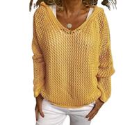 Générique Women's Hollow Out Crochet Sweater Long Sleeve See Through V Neck Drop Shoulder Knit Pullover Tops (Yellow,M)