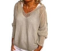 Générique Women's Hollow Out Crochet Sweater Long Sleeve See Through V Neck Drop Shoulder Knit Pullover Tops (Khaki,Grand)
