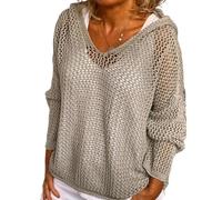 Générique Women's Hollow Out Crochet Sweater Long Sleeve See Through V Neck Drop Shoulder Knit Pullover Tops (Grey,Grand)