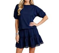 Générique Womens Hollow Out Eyelet Two Piece Outfit Short Sleeve Blouse Elastic Waist Mini Skirt Summer Set