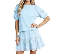 Générique Womens Hollow Out Eyelet Two Piece Outfit Short Sleeve Blouse Elastic Waist Mini Skirt Summer Set