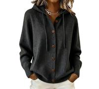 Générique Women's Hooded Knit Cardigan Button Up with Drawstring Ties Front (Black,Grand)