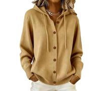 Générique Women's Hooded Knit Cardigan Button Up with Drawstring Ties Front (Khaki,Grand)