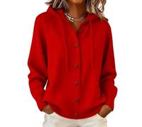 Générique Women's Hooded Knit Cardigan Button Up with Drawstring Ties Front (Red,Grand)