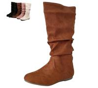 Générique Womens Knee High Boots Side Zipper Round Toe Faux Suede Boot - Knee High Loose Fit Casual Boots, Slouch Booties for Women Comfortable Plus Size Tall Shoe (Brown,40)