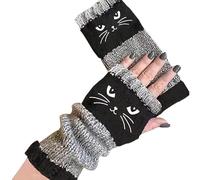 Générique Women's Knitted Fingerless Gloves with Cute Cat Embroidery, Knitted Fingerless Gloves, Warm Cozy Winter Vintage (Black)
