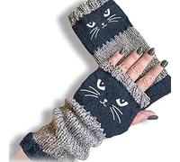 Générique Women's Knitted Fingerless Gloves with Cute Cat Embroidery, Knitted Fingerless Gloves, Warm Cozy Winter Vintage (Blue)