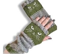 Générique Women's Knitted Fingerless Gloves with Cute Cat Embroidery, Knitted Fingerless Gloves, Warm Cozy Winter Vintage (Green)