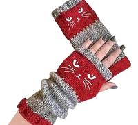 Générique Women's Knitted Fingerless Gloves with Cute Cat Embroidery, Knitted Fingerless Gloves, Warm Cozy Winter Vintage (Red)