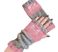 Générique Women's Knitted Fingerless Gloves with Cute Cat Embroidery, Knitted Fingerless Gloves, Warm Cozy Winter Vintage (Pink)