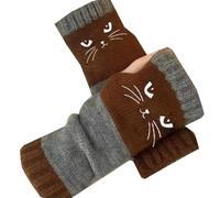 Générique Women's Knitted Fingerless Gloves with Cute Cat Embroidery, Knitted Fingerless Gloves, Warm Cozy Winter Vintage (Coffee)