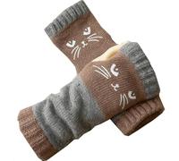 Générique Women's Knitted Fingerless Gloves with Cute Cat Embroidery, Knitted Fingerless Gloves, Warm Cozy Winter Vintage (Khaki)
