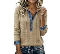 Générique Womens Knitted Sweaters V Neck Patchwork 2 in 1 Sweater Casual Cozy Soft Knit Clothes Kaki XL