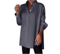 Générique Womens Lapel Slit Shirt Oversized Button Down Shirt, Irregular Hem Shirts, Chiffon Blouses Business Causal Work Office Tops (Grey,M)