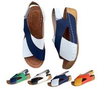 Générique Women's Large Size Cross-Laced Wedge Heel Sandals Summer Color Block Arch Support Shoes Open Toe Platform Wedge Sandals Slip on Flat Slippers Slides (Blue,41)