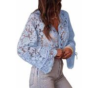 Générique Women's Mesh Sheer Blouse Floral Bell Sleeves Button Up (Blue,TG)