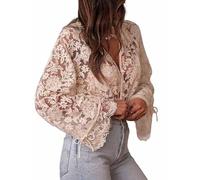 Générique Women's Mesh Sheer Blouse Floral Bell Sleeves Button Up (White,M)