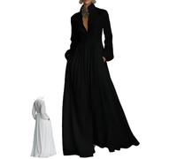 Générique Womens Minimalist Cotton and Linen Patchwork Single-Breasted Stand-Up Collar Long-Sleeved Maxi Dress with Pockets (Black,3TG)