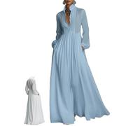 Générique Womens Minimalist Cotton and Linen Patchwork Single-Breasted Stand-Up Collar Long-Sleeved Maxi Dress with Pockets (Blue,S)