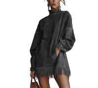 Générique Women's Olive Faux Suede Turtleneck Dress - Elegant with Fringe Hem, Casual Short Sleeveless Shift Dress for Fall Winter (Black,TTG)